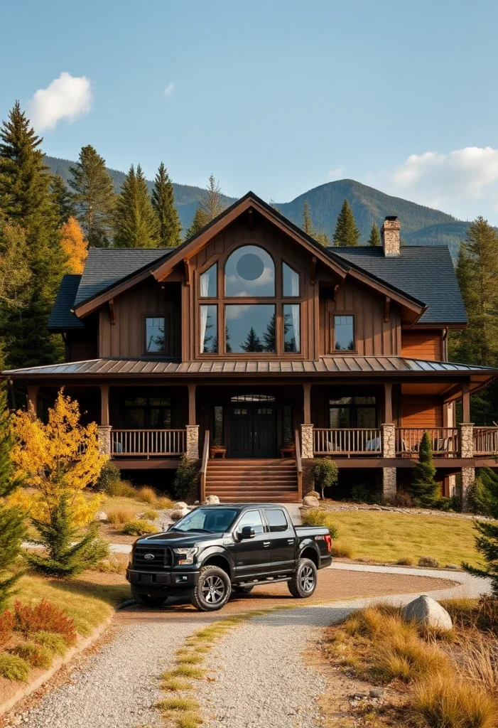 Luxury Mountain Cabin with Unique Arched Windows and Stone Accents