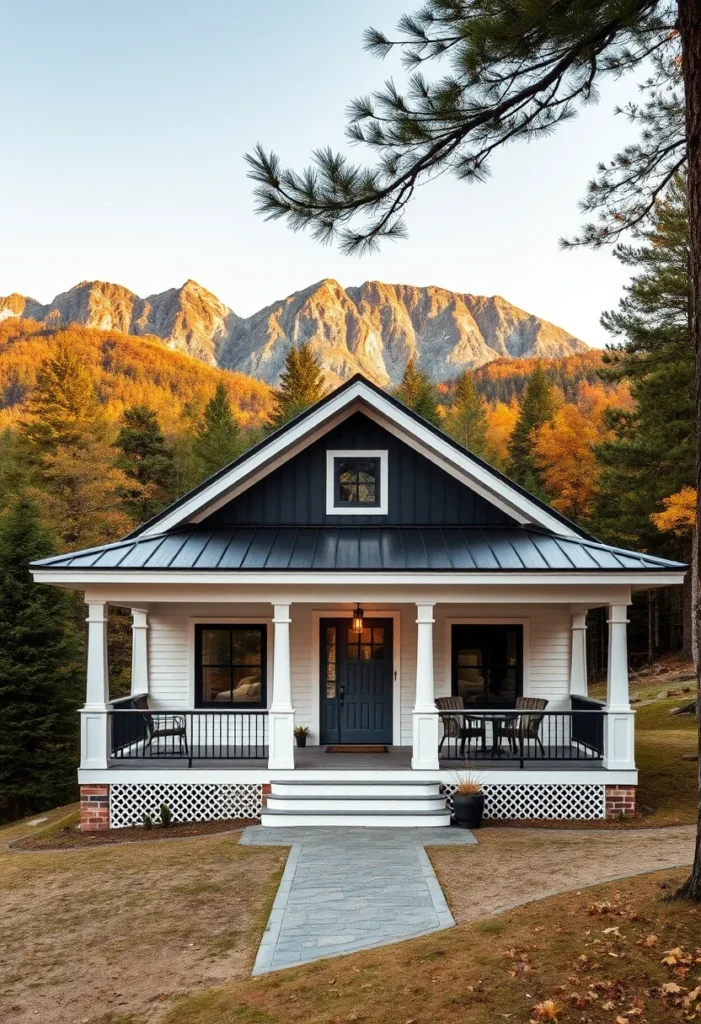 Modern Farmhouse Tiny Home, Dark Gable, White Siding, Rustic Mountain Cottage Design