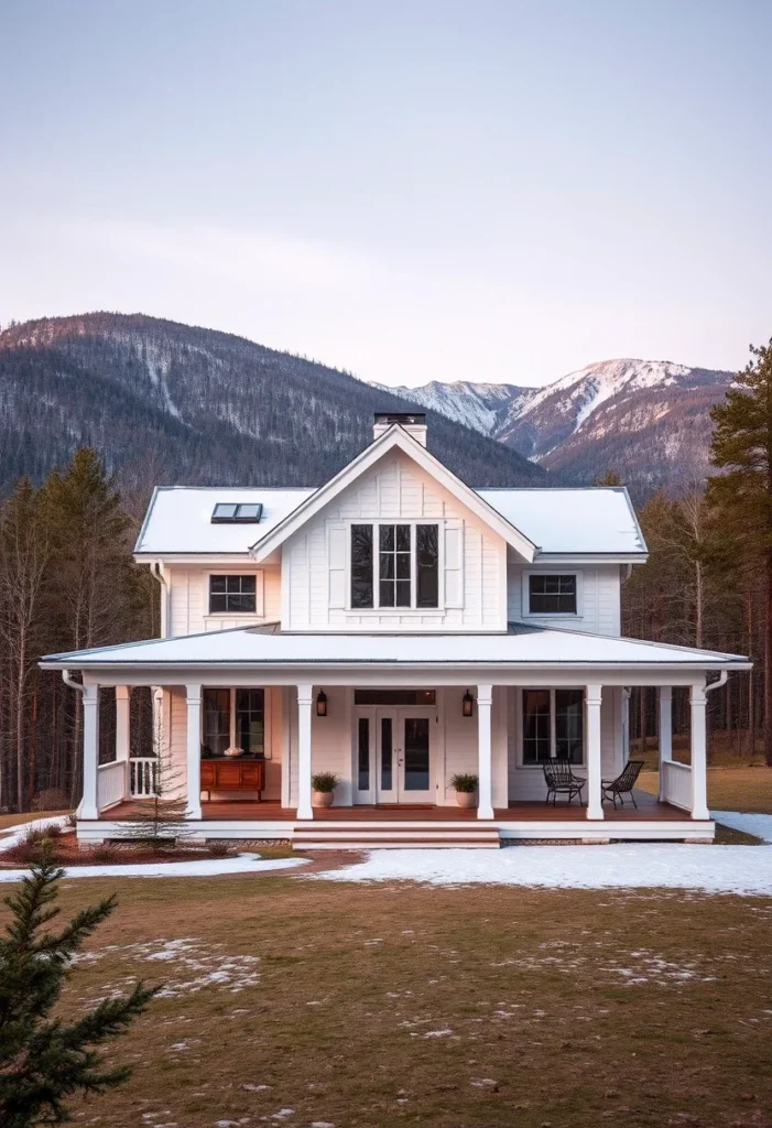 Tiny Home, Covered Porch, Symmetrical Design, White Siding, Mountain Cottage