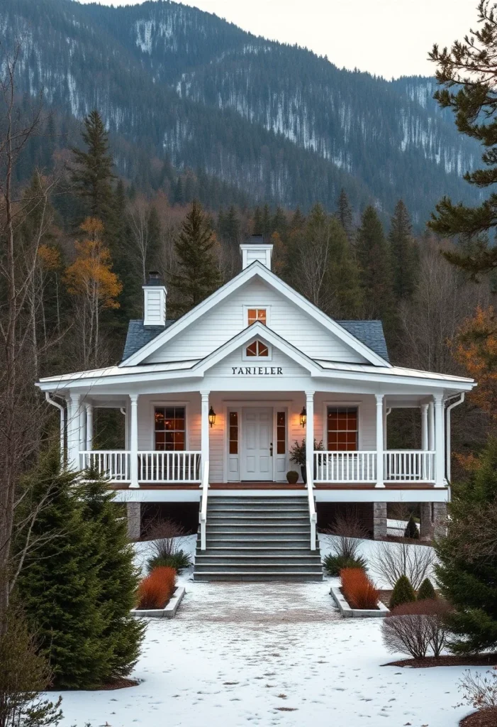 Elevated Tiny Home, Stone Foundation, White Siding, Porch, Mountain Cottage Design