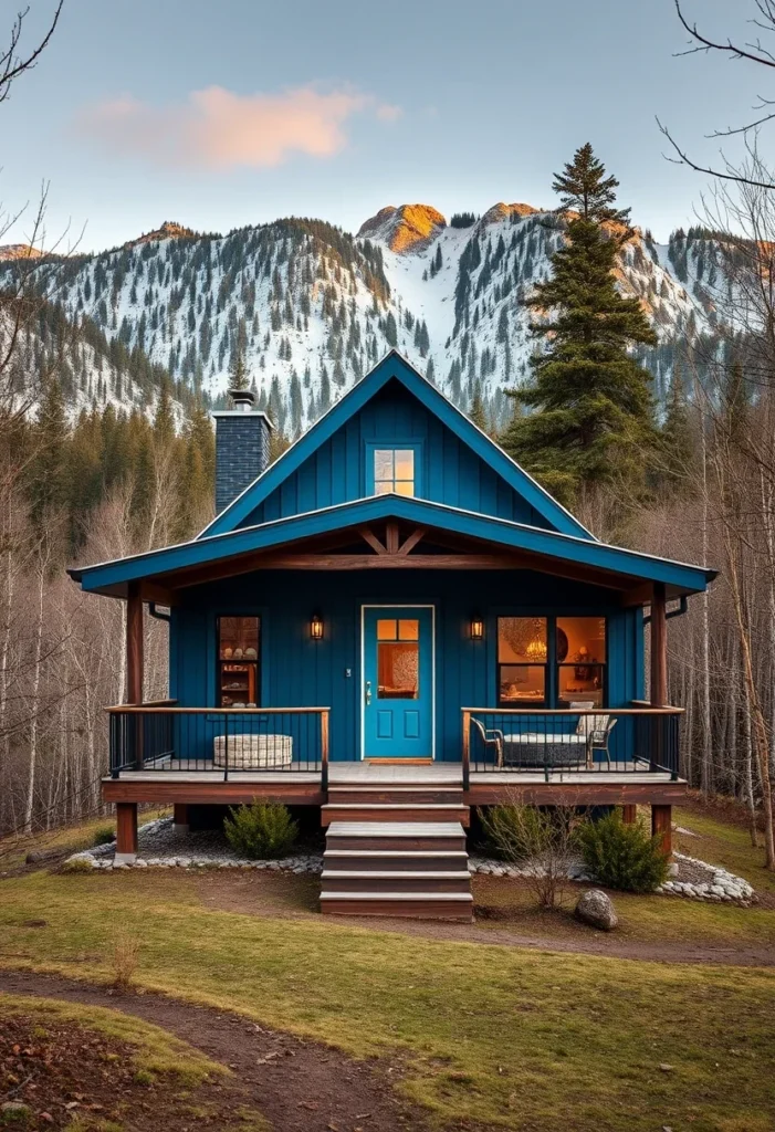 Blue Tiny Home, Wood Beam Accent, Porch, Brick Chimney, Mountain Cottage