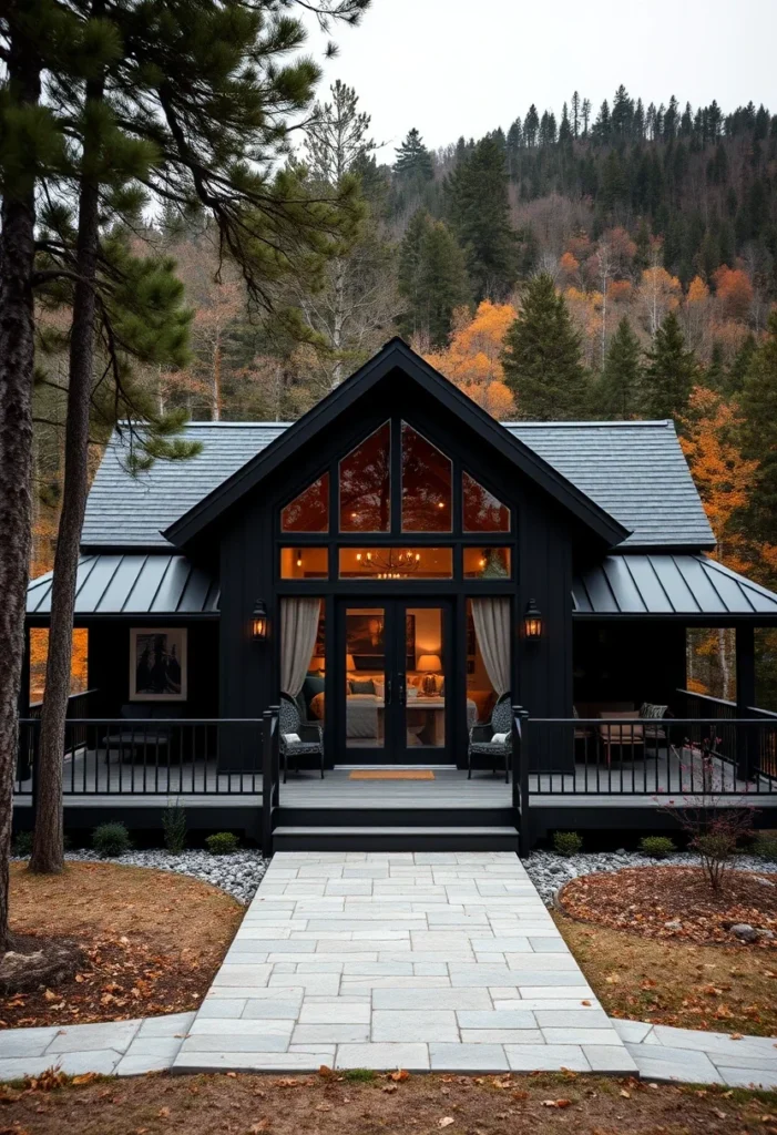 Black Tiny Home, Wall of Windows, Covered Porch, Modern Mountain Cottage