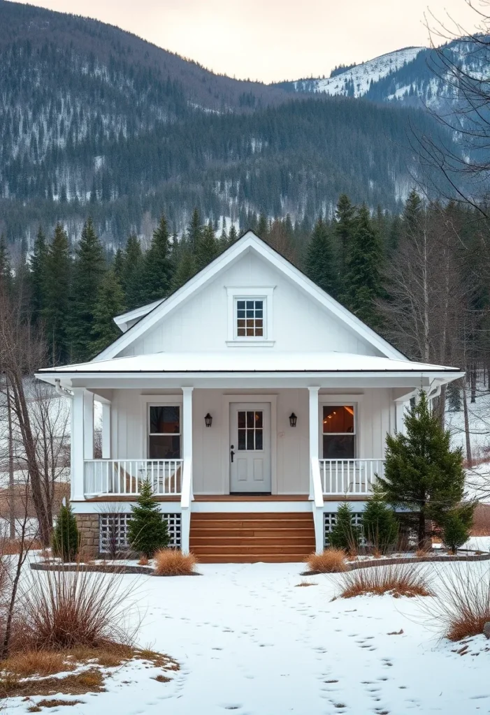 White Cottage, Gable Roof, Dormer Window, Porch, Rustic Mountain Design