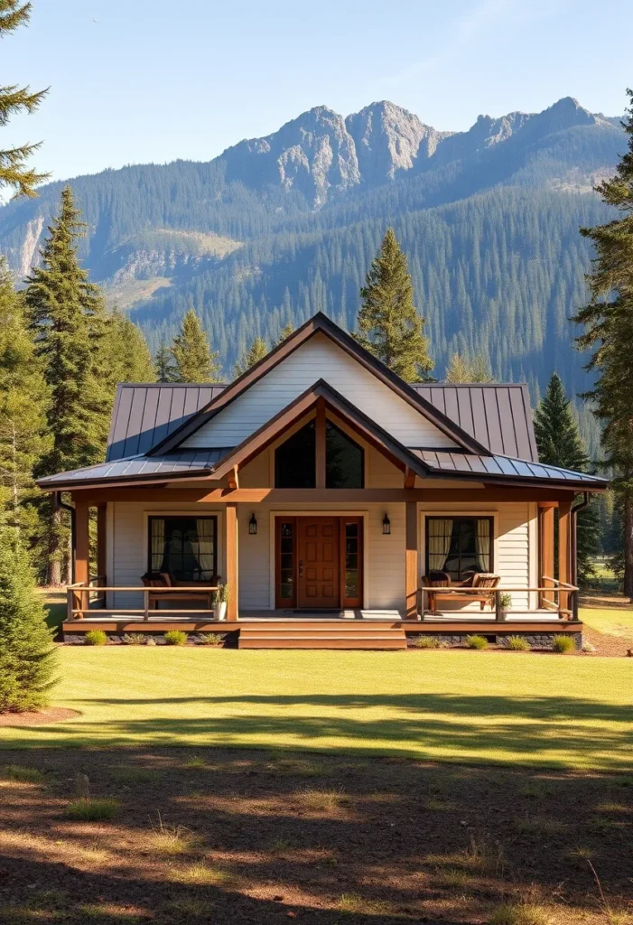 Tiny Home, Gable Roof, Exposed Beams, Light Siding, Metal Roof, Mountain Cottage