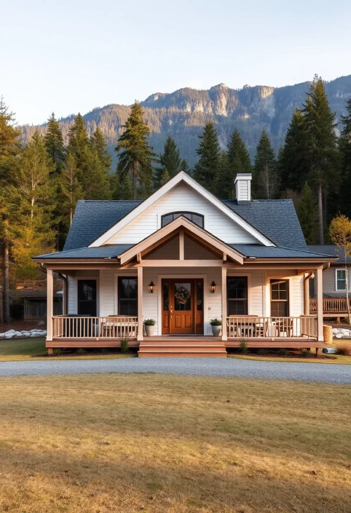 White Tiny Home, Extended Eaves, Wood Brackets, Wrap-Around Porch, Mountain Cottage