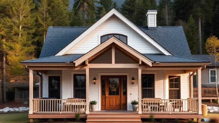 White Tiny Home, Extended Eaves, Wood Brackets, Wrap-Around Porch, Mountain Cottage