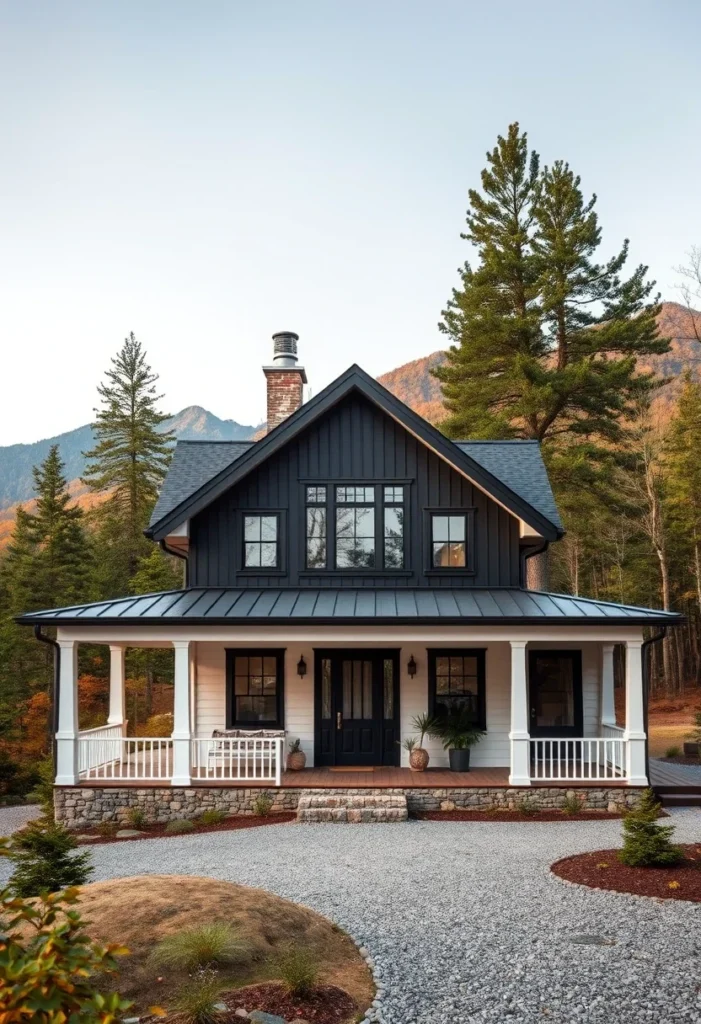 Rustic Mountain Tiny Home, Wrap-Around Porch, Stone Foundation, Dark Siding