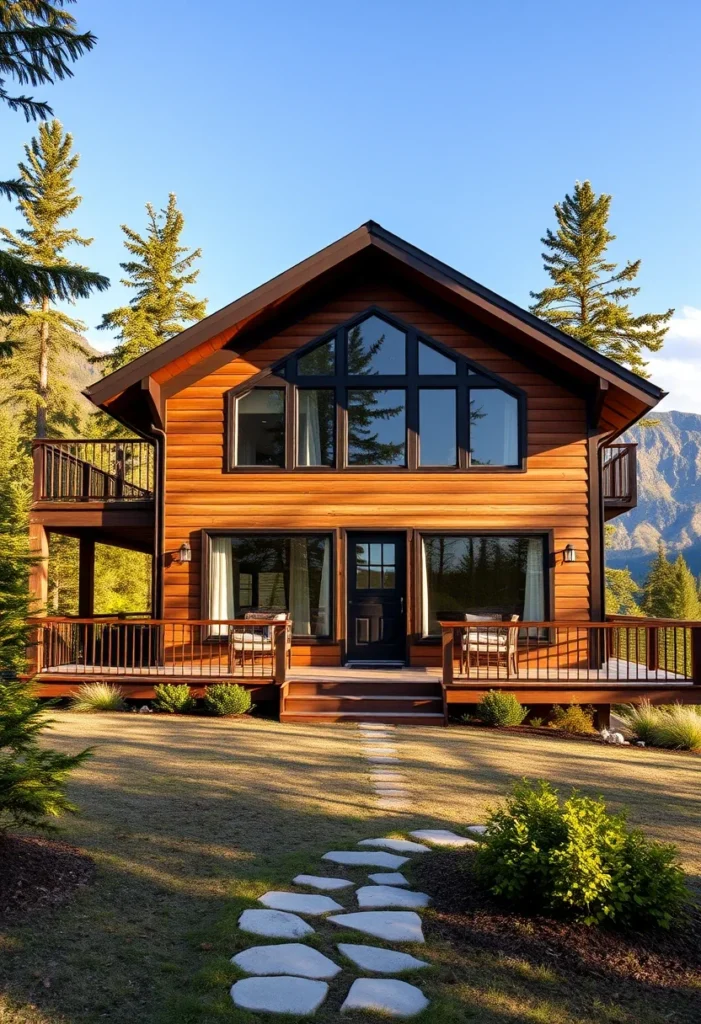 Tiny Home, Natural Wood Siding, Balcony, Large Windows, Mountain Cottage Design