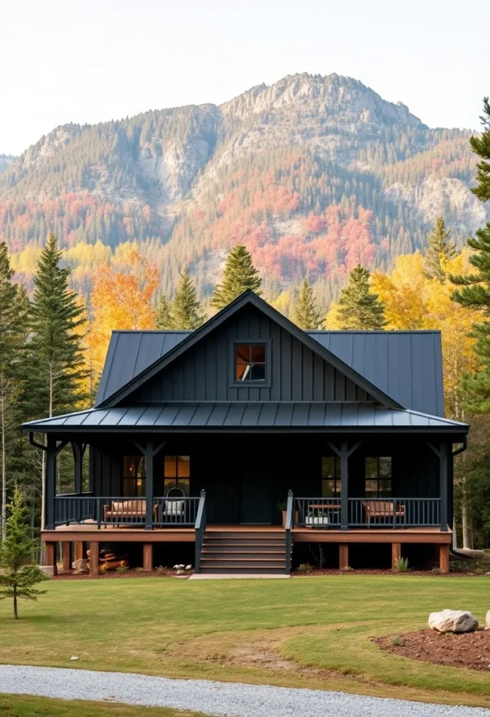 Dark Rustic Cabin, Metal Roof, Elevated Porch, Tiny Home Mountain Design