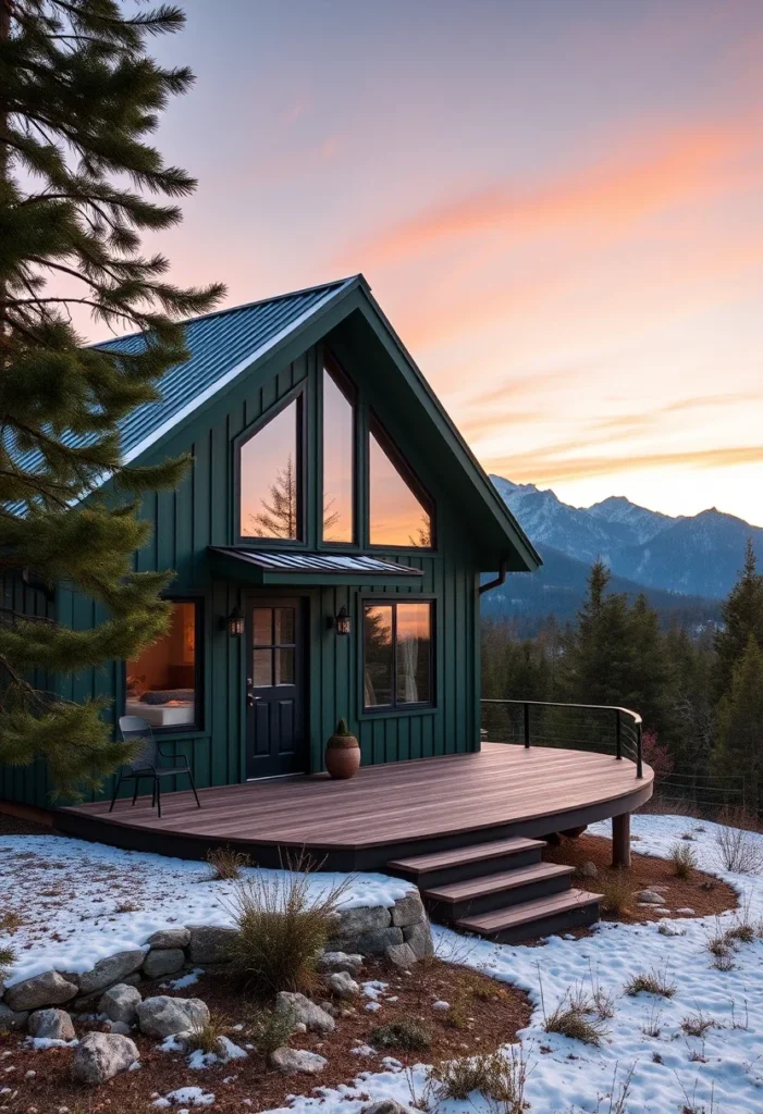 Emerald Green A-Frame Cabin, Large Windows, Deck, Rustic Mountain Tiny Home