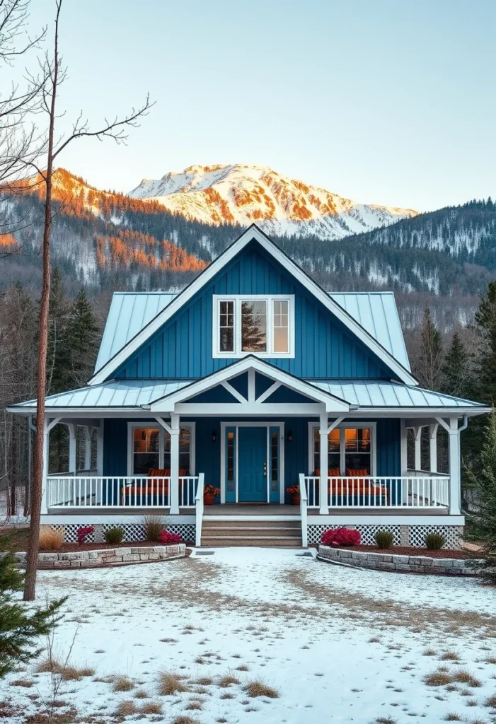 Blue Mountain Tiny Home, White Trim, Porch, Rustic Cottage Design