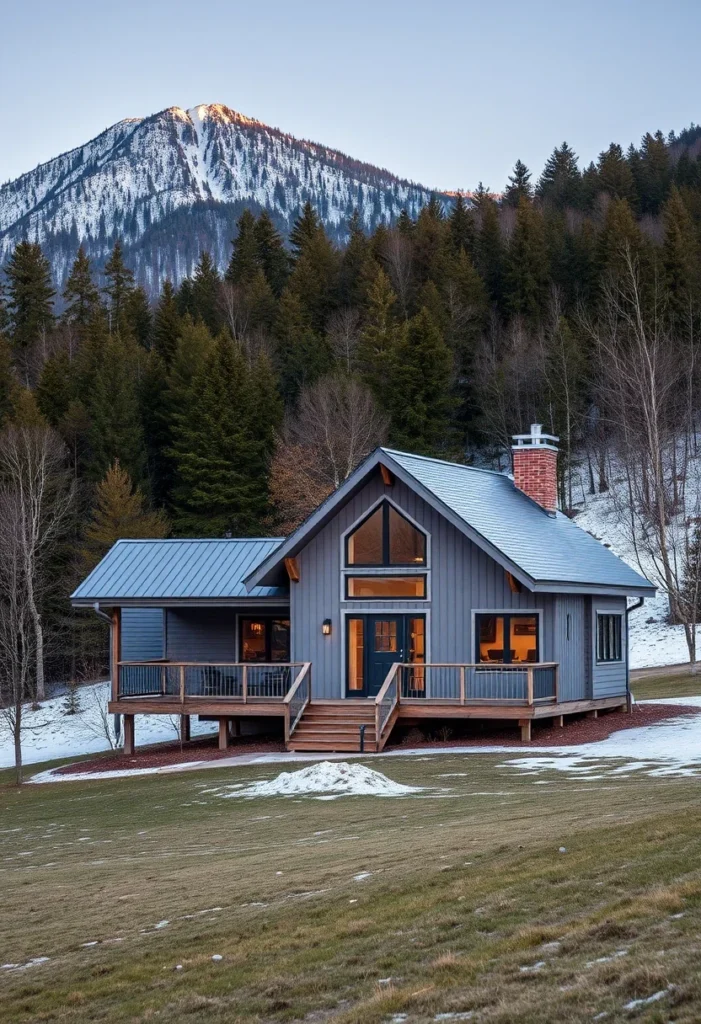 Grey Tiny Home, Brick Chimney, Wrap-Around Deck, Modern Rustic Design