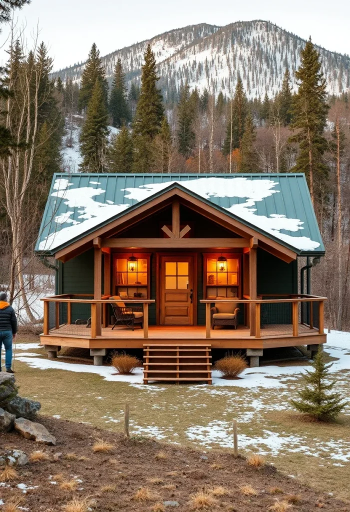 Rustic Cabin, Wood Accents, Green Siding, Metal Roof, Tiny Home Design