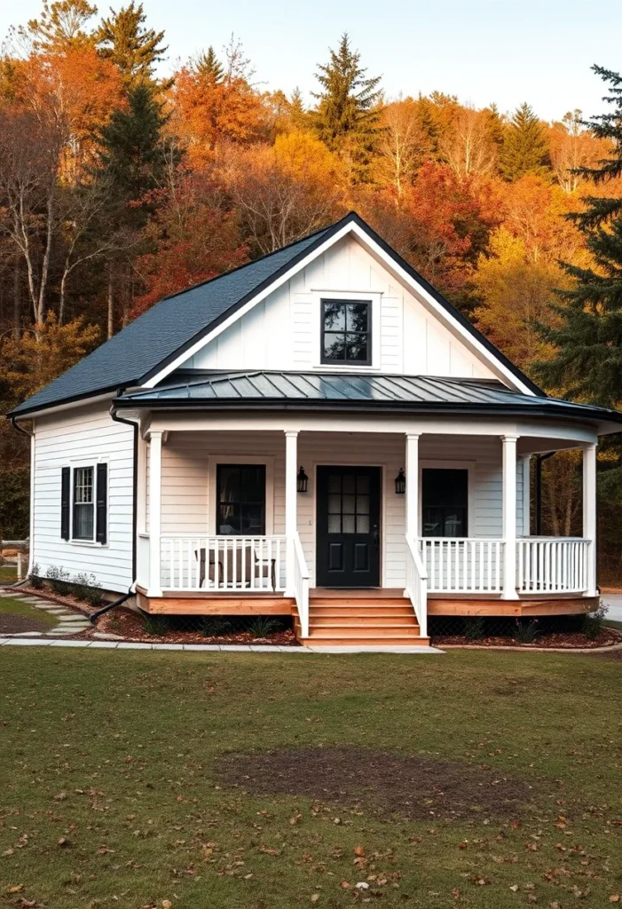 White Tiny Home, Gable Roof, Front Porch, Black Windows, Farmhouse Design