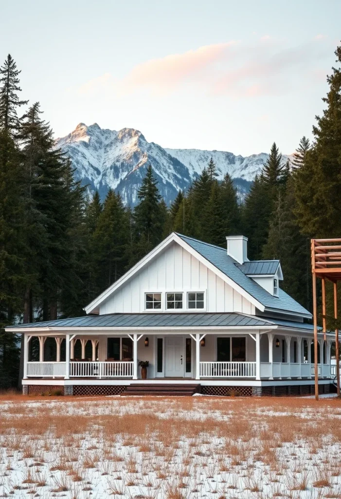 White Tiny Home, Wrap-Around Porch, White Pillars, Metal Roof, Rustic Design