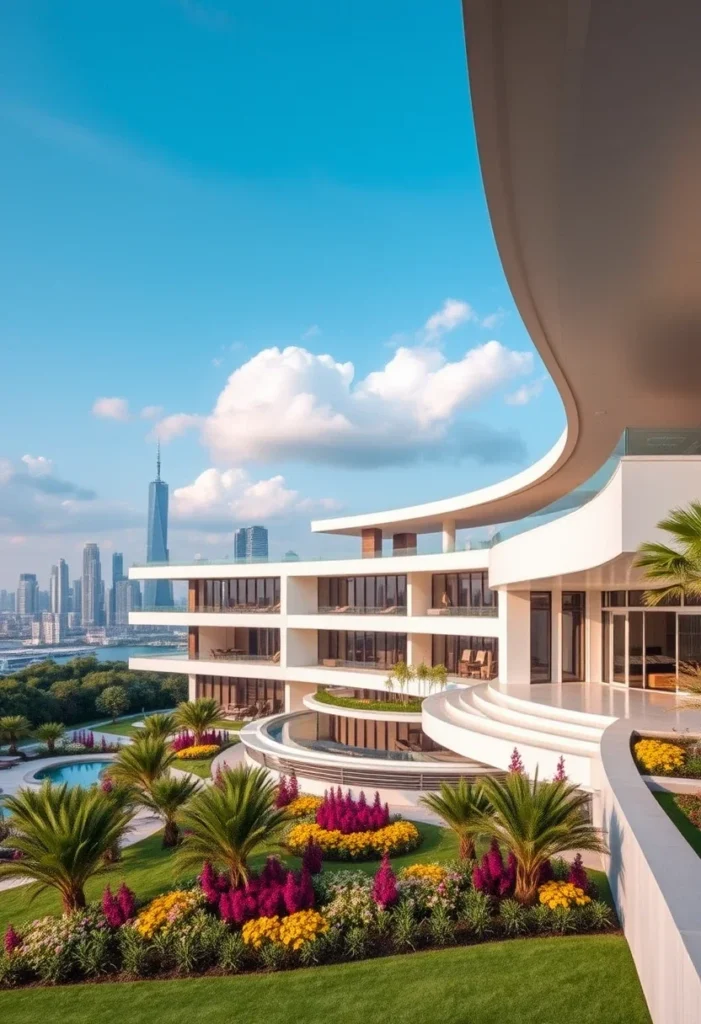 Modern million-dollar architectural design featuring curved balconies, rooftop terrace, and vibrant garden landscaping.