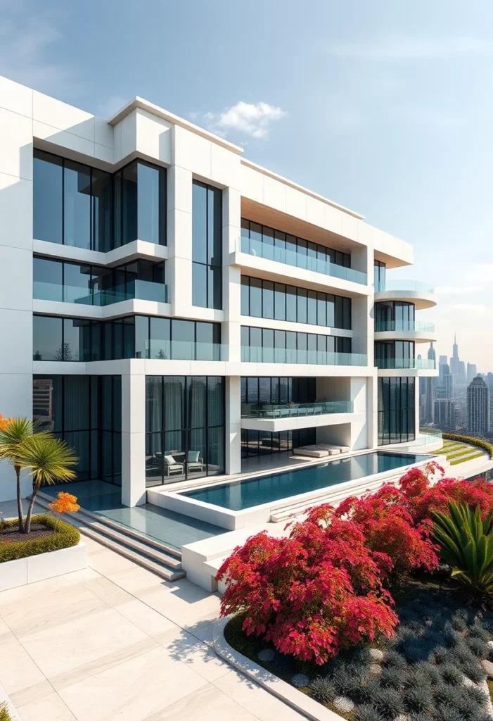 Million-dollar architectural design showcasing a sleek, linear structure, expansive windows, a large pool terrace, and modern landscaping.