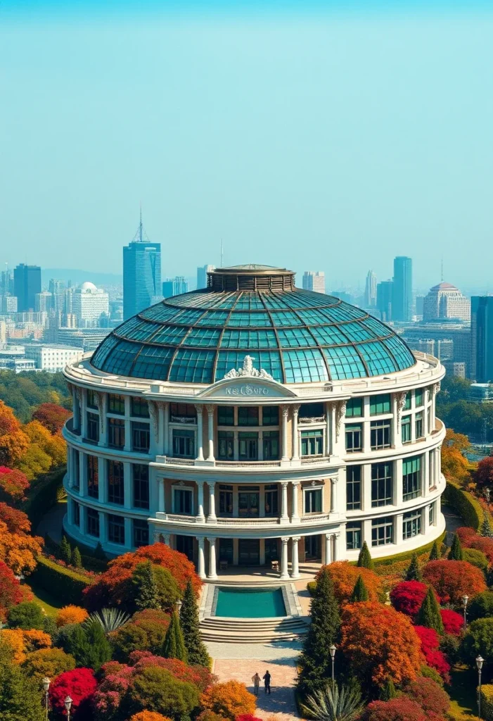 Million-dollar architectural design featuring a large glass dome, circular structure, classical columns, and surrounding autumn trees.