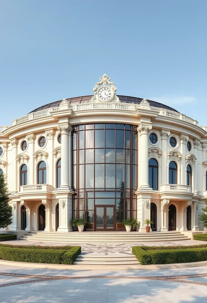 Million-dollar architectural design showcasing a grand classical facade, large central window, columns, and a decorative clock.