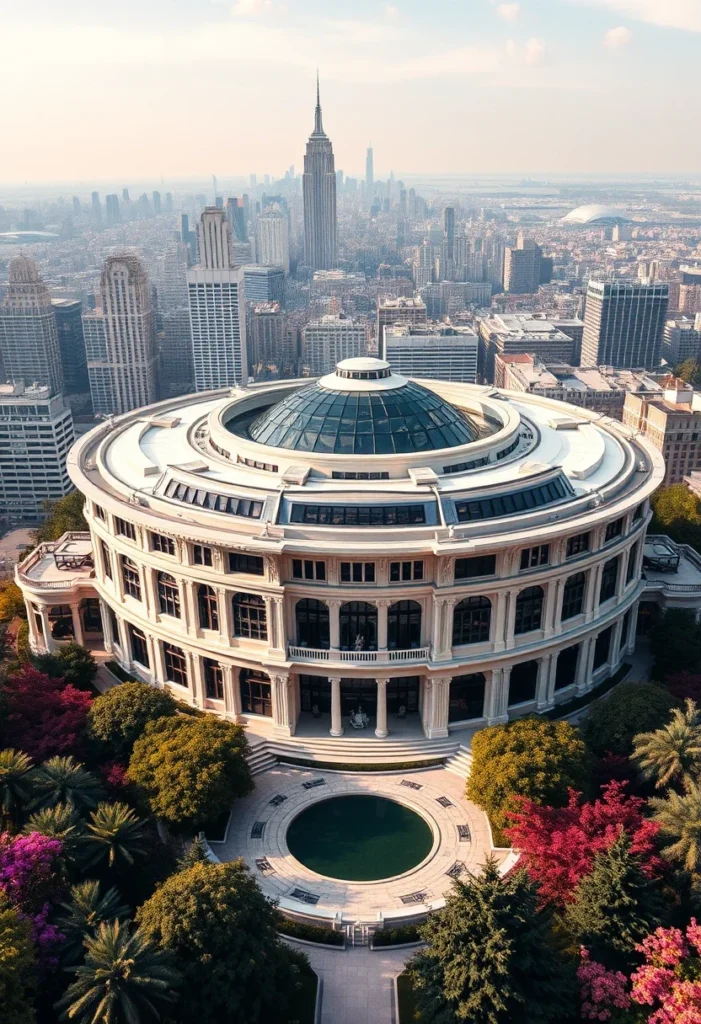 Aerial view of a million-dollar architectural design featuring a circular structure, a large glass dome, and a central courtyard, set against a cityscape.