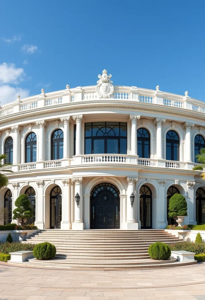 Million-dollar architectural design showcasing a grand neo-classical facade with arched windows, detailed columns, and a symmetrical design.