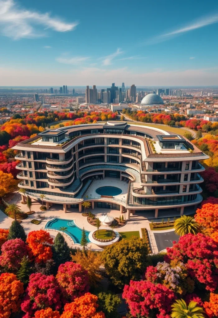 Million-dollar architectural design with a semi-circular structure, multiple terraces, and a rooftop, surrounded by vibrant autumn foliage.