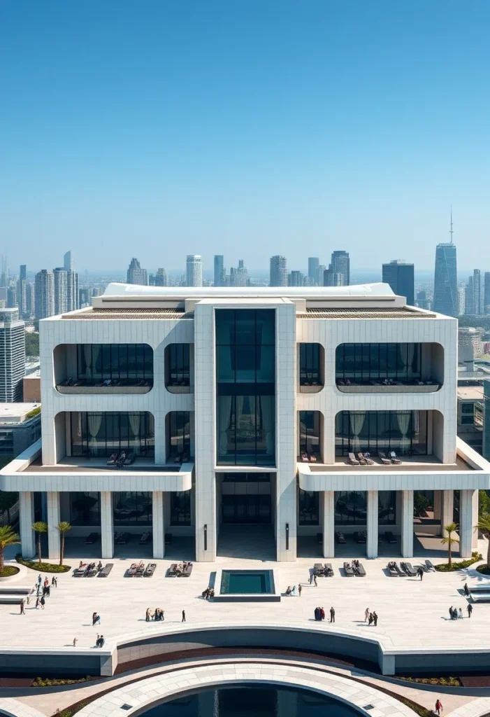 Million-dollar architectural design featuring a large open plaza, a central water feature, expansive windows, and a modern, boxy structure.