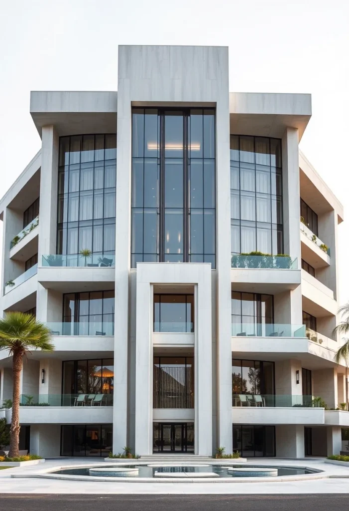 Million-dollar architectural design showcasing a strong geometric facade with tall vertical lines, large windows, and a central water feature.