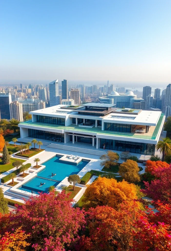 Million-dollar architectural design featuring a large rooftop terrace, a long pool, and surrounding autumn trees, set against a city skyline.