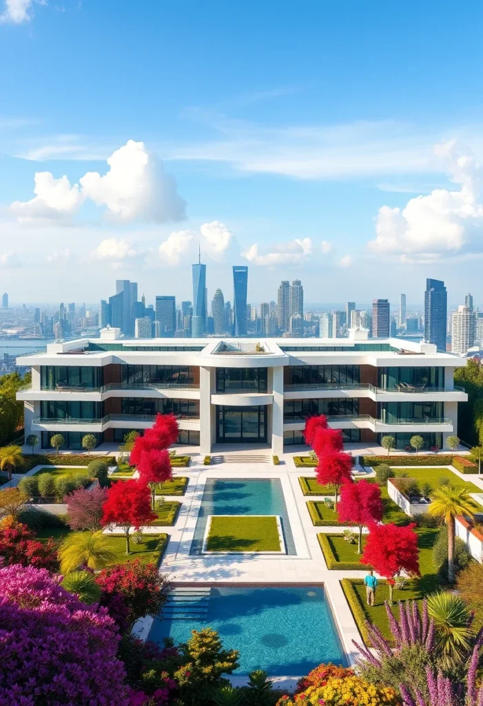 Million-dollar architectural design with symmetrical landscaping, a long reflecting pool, formal gardens, and red trees, set against a city skyline.