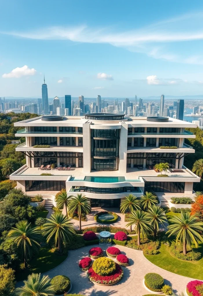 Symmetrical million-dollar architectural design showcasing expansive windows, rooftop pool, and tropical landscaping.