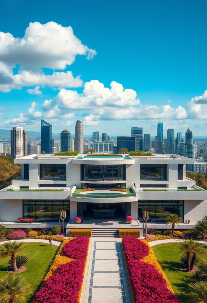 Million-dollar architectural design featuring colorful landscaping, a long pathway, a rooftop terrace, and expansive windows showcasing city views.