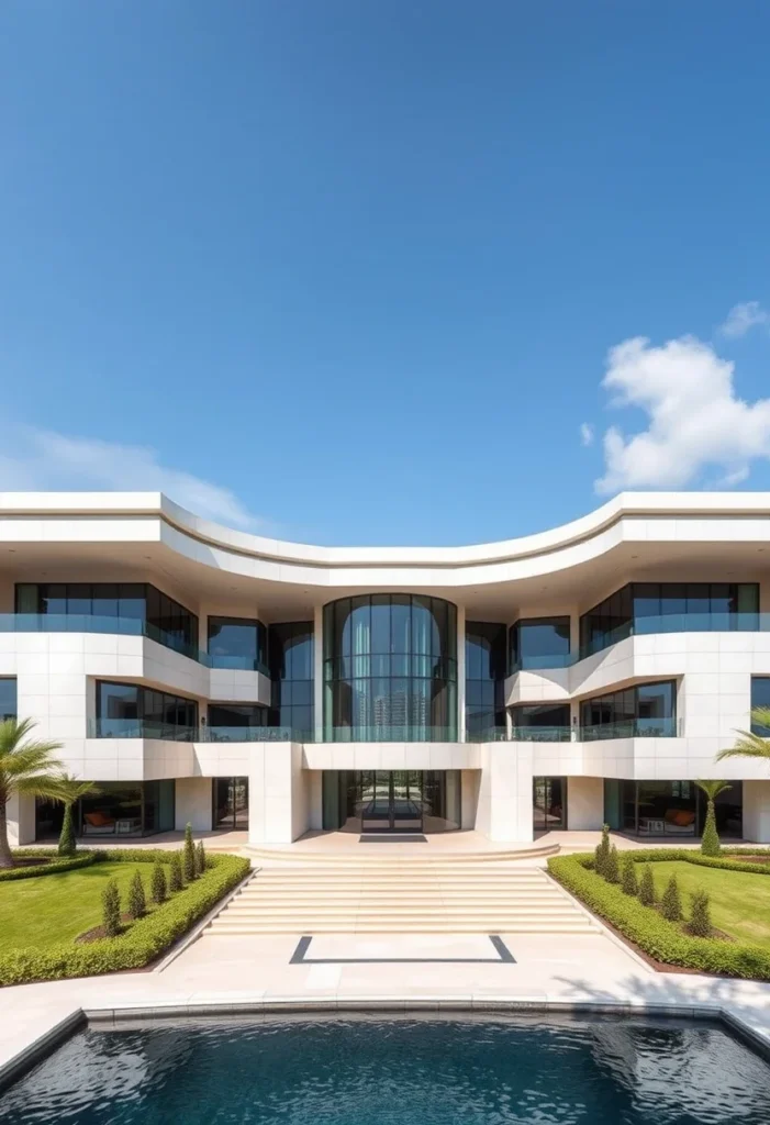 Million-dollar architectural design showcasing a curved facade, a grand central entrance with large windows, and a spacious pool in the foreground.