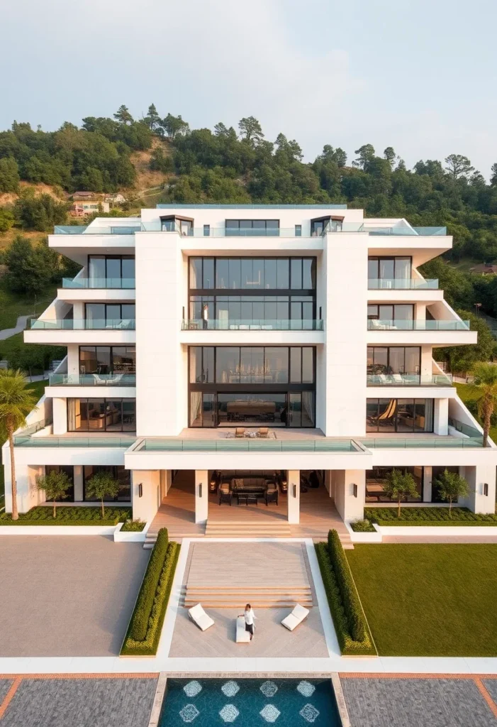 Million-dollar architectural design featuring a tiered structure, expansive windows, and multiple balconies, set against a lush hillside backdrop.