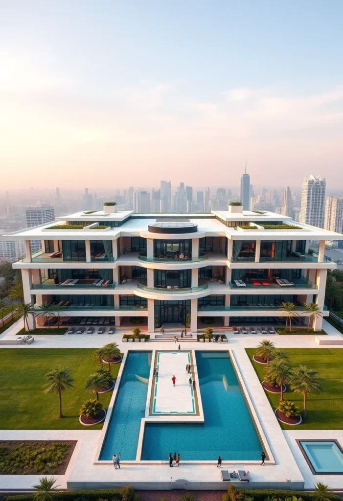 Aerial view of a million-dollar architectural design featuring a sprawling layout, a large pool, multiple terraces, rooftop access, and a cityscape backdrop.