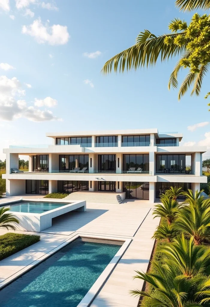 Million-dollar architectural design showcasing a multi-tiered structure, multiple pools, expansive terraces, and large windows, with palm tree landscaping.