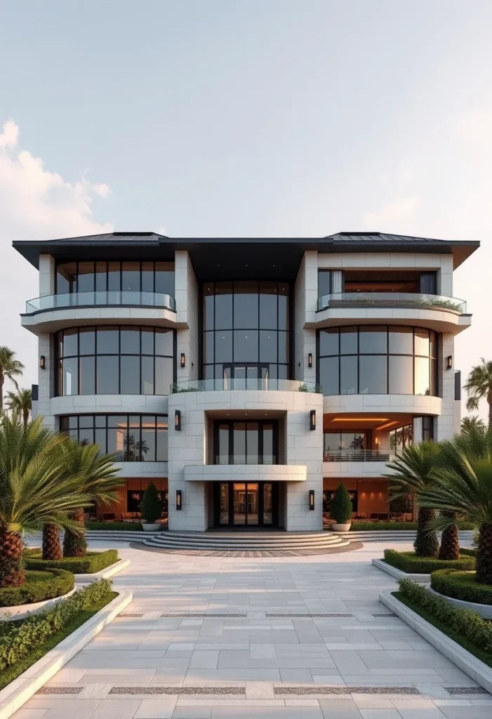 Million-dollar architectural design showcasing a symmetrical facade with large windows, multiple balconies, a grand entrance, and palm tree landscaping.