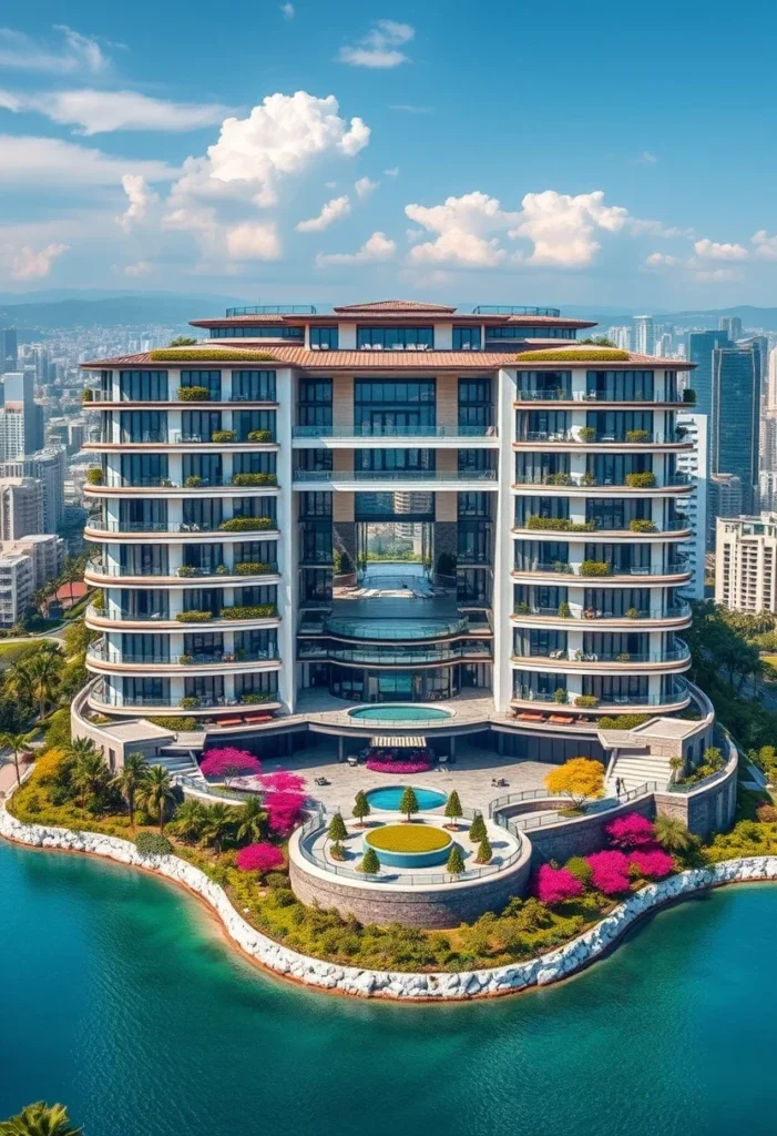 Million-dollar architectural design showcasing a unique tiered structure, a central courtyard, multiple balconies, and vibrant landscaping, set against a waterfront backdrop.