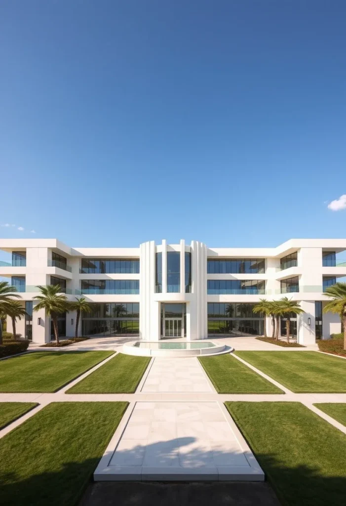 Million-dollar architectural design showcasing a minimalist, symmetrical structure with precise landscaping, a central water feature, and expansive windows.