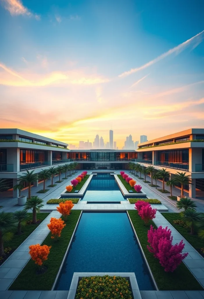 Million-dollar architectural design with long reflecting pool, palm trees, and modern symmetrical wings.