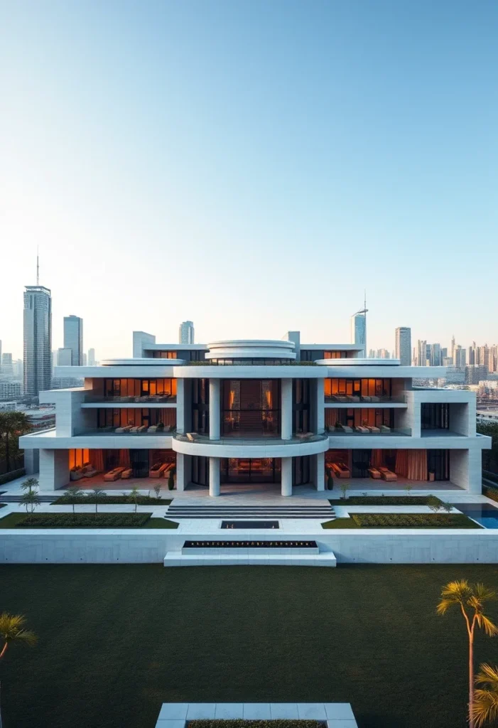 Million-dollar architectural design illuminated at dusk, showcasing a central structure, multiple balconies, warm interior lighting, and a cityscape backdrop.