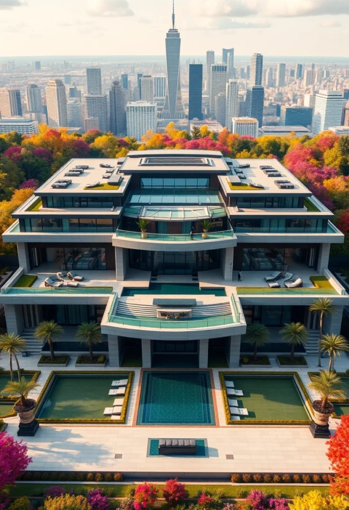 Million-dollar architectural design featuring multiple rooftop terraces, expansive windows, a large pool, and surrounding autumn trees, set against a city skyline.