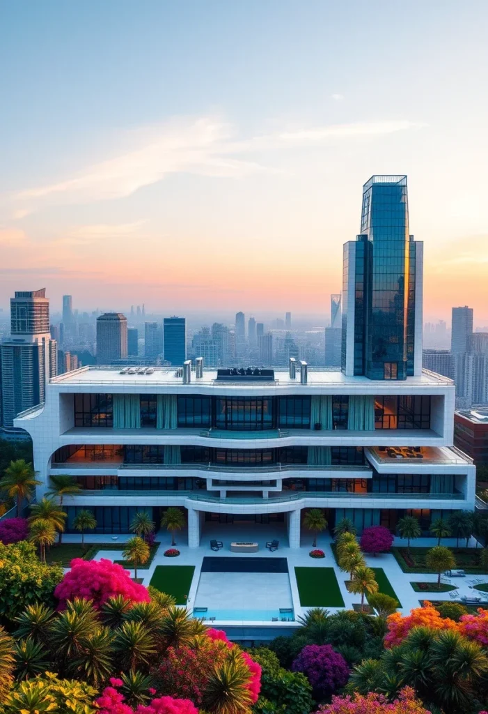 Million-dollar architectural design at dusk, featuring lush landscaping, expansive windows, a pool area, and a backdrop of a city skyline.