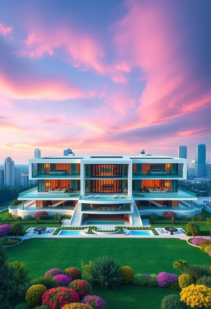 Million-dollar architectural design at sunset, showcasing a tiered structure, expansive windows reflecting the colorful sky, multiple balconies, a pool area, and lush landscaping.