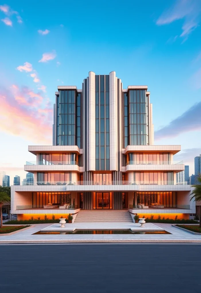 Million-dollar architectural design at dusk, showcasing Art Deco-inspired elements, strong vertical lines, expansive windows illuminated from within, and a symmetrical facade.