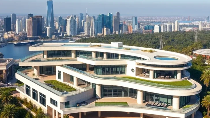 Million-dollar architectural design showcasing unique curved structure, rooftop gardens, and an expansive pool area overlooking the city.