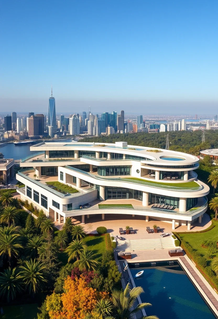 Million-dollar architectural design showcasing unique curved structure, rooftop gardens, and an expansive pool area overlooking the city.