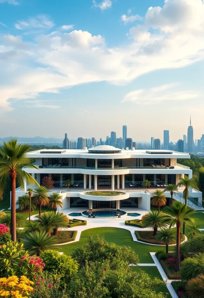 Modern million-dollar villa design featuring symmetrical architecture, lush tropical landscaping, and a central pool area.