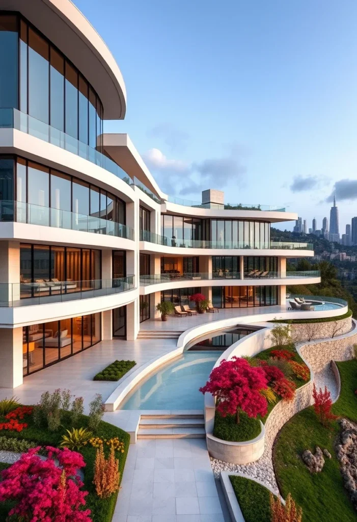 Million-dollar architectural design with curved walls, expansive windows, multiple terraces, and integrated landscaping.