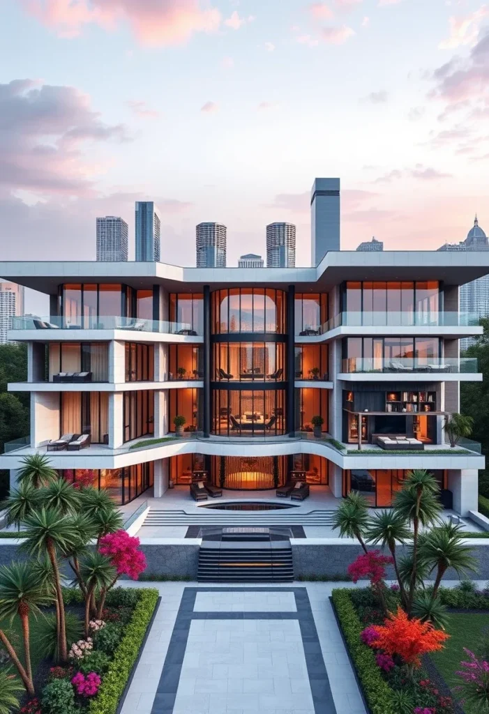 Grand million-dollar architectural design featuring a central glass atrium, symmetrical wings, multiple balconies, and palm tree landscaping.